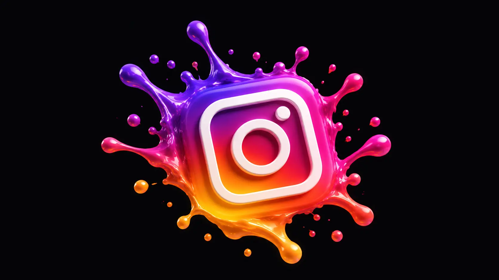 3D Instagram logo with colorful liquid splash on a dark black background