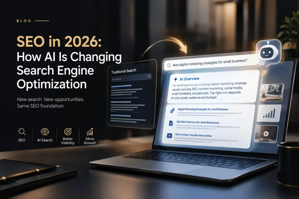 SEO in 2026 with AI search and a laptop.