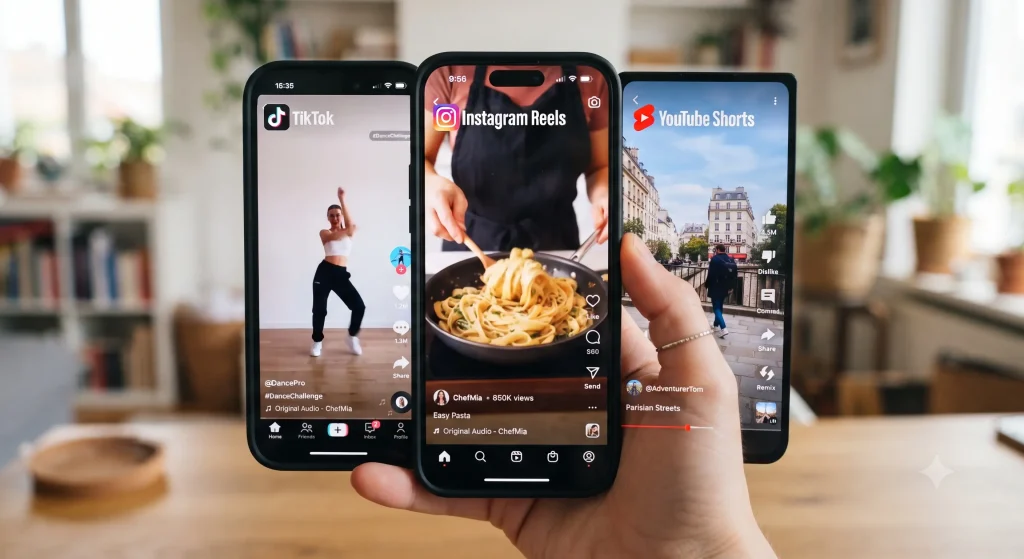 Three smartphones showing TikTok, Instagram Reels, and YouTube Shorts.